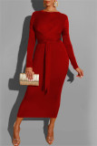 赤いファッションカジュアル包帯Oネック長袖ドレス