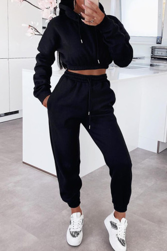 Black Fashion Casual Solid Basic Hooded Collar Long Sleeve Two Pieces