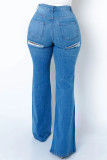 Jeans jeans azul fashion casual rasgado com fenda e cintura alta regular