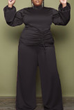 Noir Fashion Casual Solid Draw String Turtleneck Plus Size Two Pieces