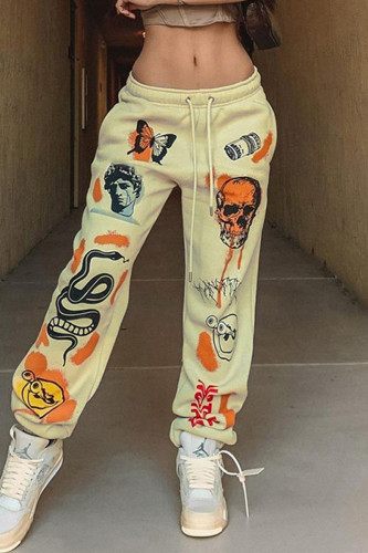 Yellow Fashion Casual Skull Head Print Basic Regular Mid Waist Trousers