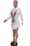 ホワイトファッションカジュアルプリントベーシックターンダウンカラーシャツドレス