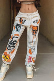 Yellow Fashion Casual Skull Head Print Basic Regular Mid Waist Trousers