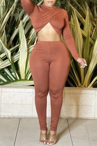 Brown Sexy Casual Solid Asymmetrical Half A Turtleneck Long Sleeve Two Pieces
