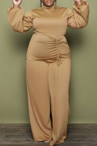 Apricot Fashion Casual Solid Draw String Turtleneck Plus Size Two Pieces