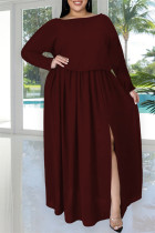 Burgund Fashion Casual Solid Slit O Neck Plus Size Two Pieces