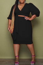 Black Fashion Casual Solid Bandage V Neck Plus Size Two Pieces