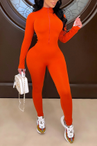 Оранжевые повседневные однотонные облегающие комбинезоны с воротником-молнией в стиле пэчворк