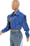 Синий модный повседневный однотонный кардиган с отложным воротником и длинным рукавом джинсовая куртка