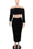 Black Fashion Sexy Solid Sequins Patchwork Off the Shoulder Long Sleeve Two Pieces