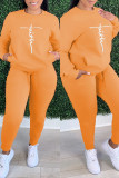 オレンジファッションカジュアルプリントベーシックOネック長袖ツーピース
