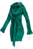 Green Fashion Casual Solid Fold Turndown Collar Long Sleeve Dresses
