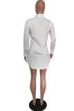 White Fashion Casual Print Basic Turndown Collar Shirt Dress