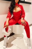 Rode mode Sexy effen uitgeholde coltrui met lange mouwen, driedelige set