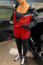 黒赤カジュアルスポーツウェア固体パッチワークジッパーフード付き襟長袖 XNUMX 個