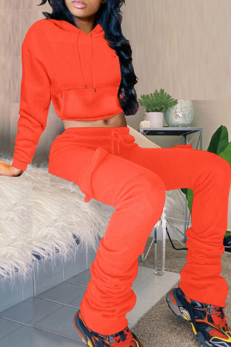 Orange Fashion Casual Solid Fold Hooded Collar Long Sleeve Two Pieces