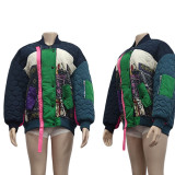 Turquoise Street Print Patchwork Buckle Outerwear