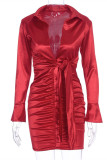 Red Fashion Casual Solid Fold Turndown-Kragen-Langarm-Kleider