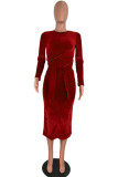 Red Fashion Casual Bandage O Neck Long Sleeve Dresses