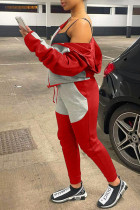 Красный Серый Повседневная спортивная одежда Однотонный Пэчворк Молния Воротник с капюшоном Длинный рукав Две части