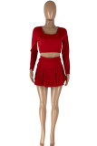 Red Fashion Casual Solid Basic U Neck Long Sleeve Two Pieces