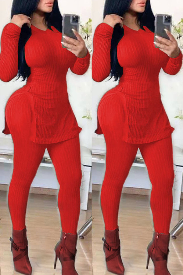 Red Sexy Fashion adulte Split Two Piece Suits Crayon solide à manches longues