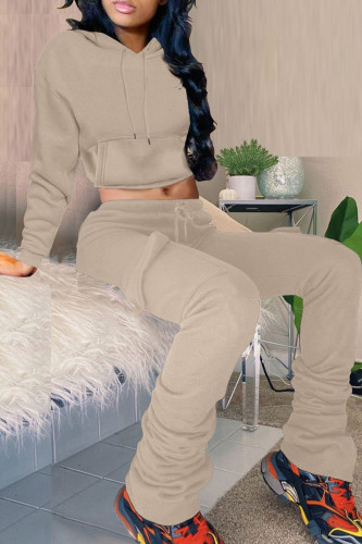 Khaki Fashion Casual Solid Fold Hooded Collar Long Sleeve Two Pieces