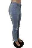 Голубые однотонные джинсы из денима обычного цвета с рваными разрезами и высокой талией