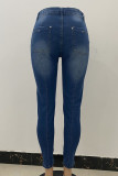Indigo Fashion Casual Solide Ripped Buckle High Waist Regular Denim Jeans