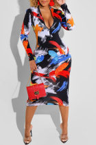 Multi-color Fashion Casual Print Basic Zipper Collar Long Sleeve Dresses