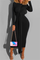 黒のファッションカジュアル包帯Oネック長袖ドレス
