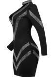 Schwarze Mode Sexy Bronzing Ausgehöhlte Langarm-Kleider mit V-Ausschnitt