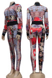 Multi-color Casual Print Patchwork Zipper Zipper Collar Long Sleeve Two Pieces
