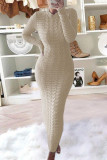 アプリコット ファッション カジュアル ソリッド ベーシック O ネック ロング スリーブ ドレス