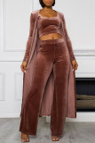 Bruin mode casual effen vest vesten broek U-hals lange mouw driedelige set