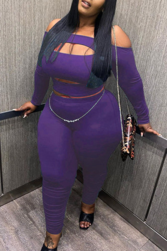 Purple Sexy Solid Hollowed Out Patchwork Off the Shoulder Plus Size Two Pieces