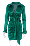 Green Fashion Casual Solid Fold Turndown Collar Long Sleeve Dresses