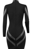 Black Fashion Sexy Bronzing Hollowed Out V Neck Long Sleeve Dresses