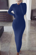 ディープ ブルー ファッション カジュアル ソリッド ベーシック O ネック ロング スリーブ ドレス