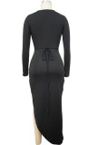 Zwarte mode sexy effen uitgeholde spleet v-hals jurken met lange mouwen