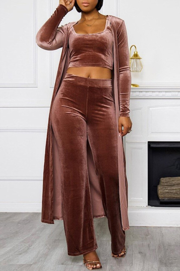 Коричневый модный повседневный однотонный кардиган, жилет, брюки, комплект из трех предметов с U-образным вырезом и длинными рукавами