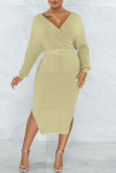 バーガンディ セクシー ソリッド パッチワーク スリット ベルト付き V ネック ペンシル スカート ドレス