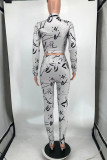 White Fashion Casual Print Basic Zipper Collar Long Sleeve Two Pieces