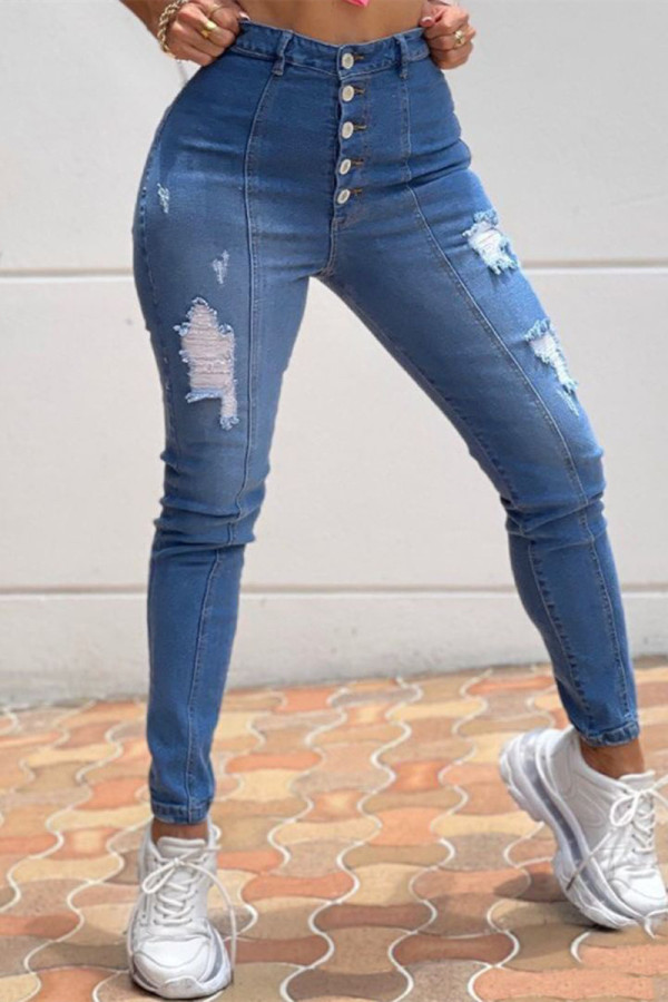 Jeans de mezclilla regular de cintura alta con hebilla rasgada sólida casual de moda índigo