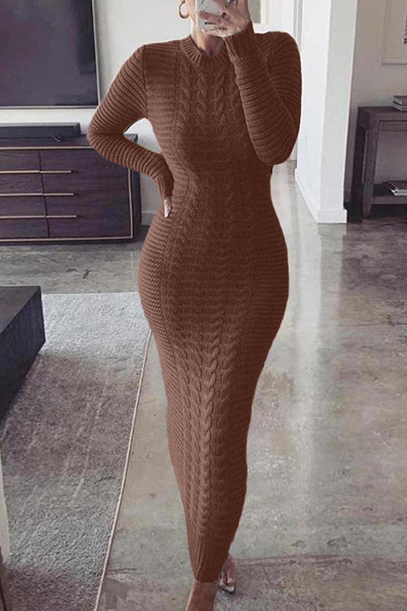 

Brown Fashion Casual Solid Basic O Neck Long Sleeve Dresses