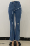 Jeans in denim regolare a vita alta con spacco strappato casual alla moda blu