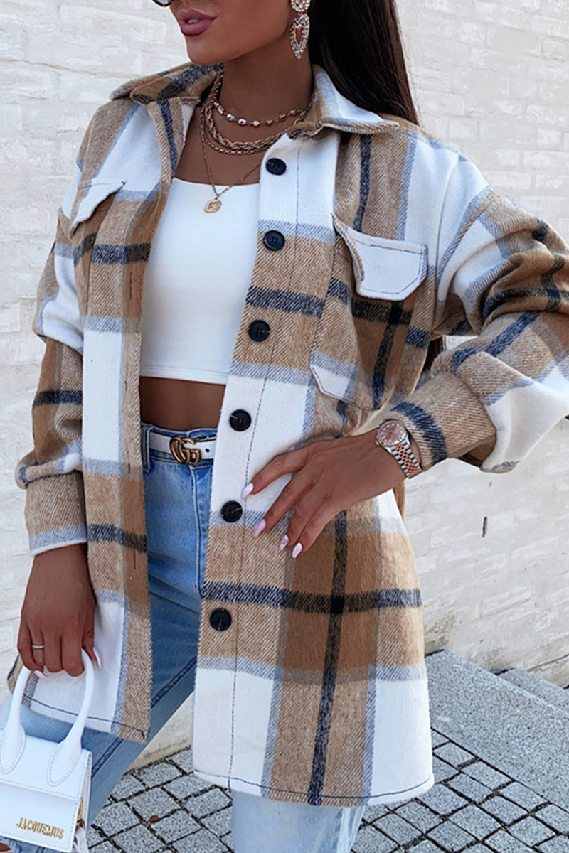 

Khaki Casual Plaid Split Joint Turndown Collar Outerwear