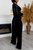 Bruin mode casual effen vest vesten broek U-hals lange mouw driedelige set