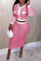 ピンクファッションカジュアルパッチワークベーシックOネック長袖ツーピース