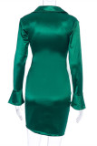 グリーンファッションカジュアルソリッドフォールドターンダウンカラー長袖ドレス
